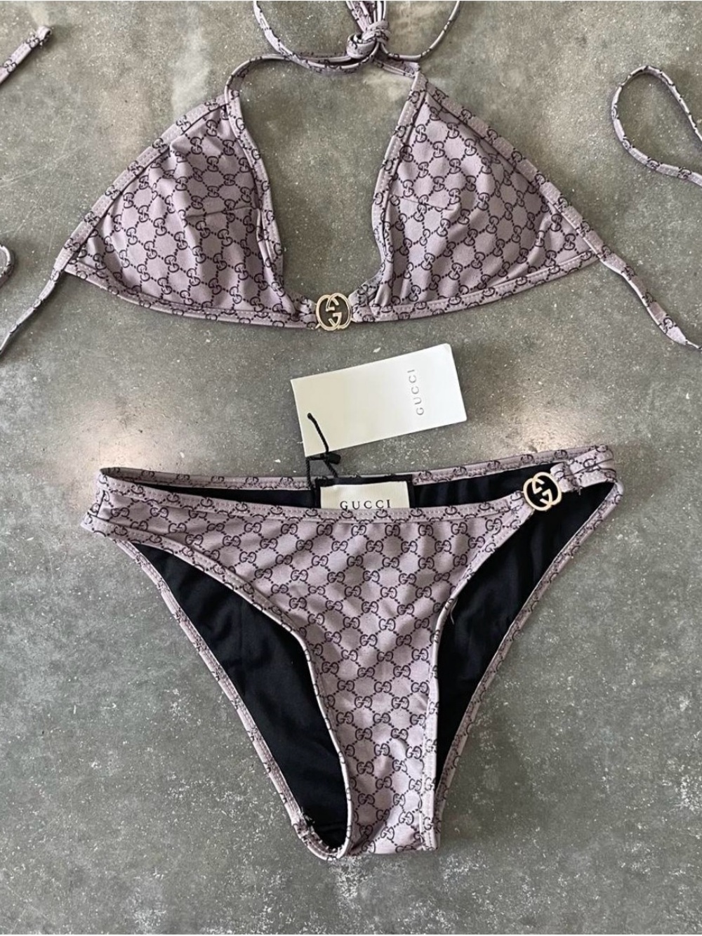 Gucci Taupe GG Monogram Triangle Bikini with Gold GG Accents